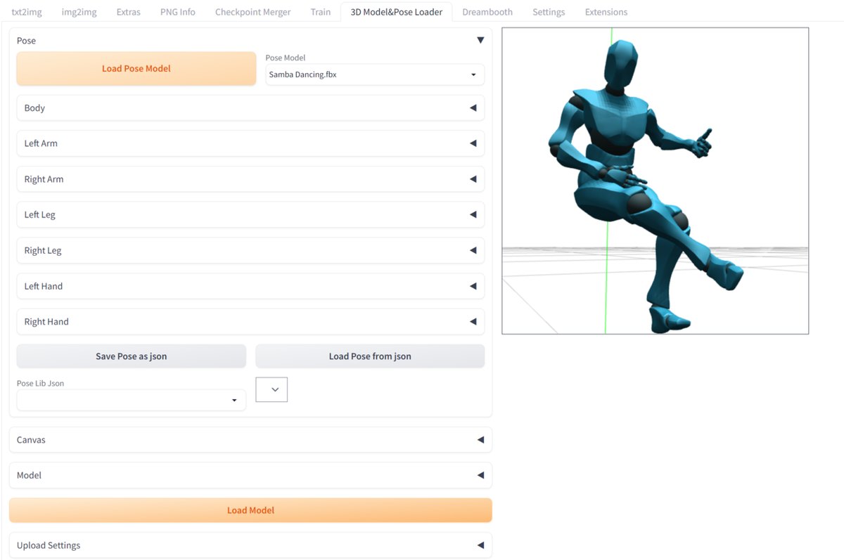 Интерфейс Stable Diffusion WebUI: генерация позы персонажа по 3D-модели