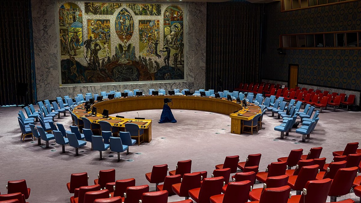 Looking at the empty Security Council chamber of the United Nations at their Headquarters in New York