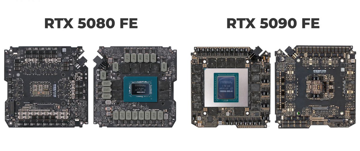 Печатные платы RTX 5080 и RTX 5090 Founders Edition — референсных версий Nvidia. Фото: 极客湾Geekerwan, CC BY 3.0