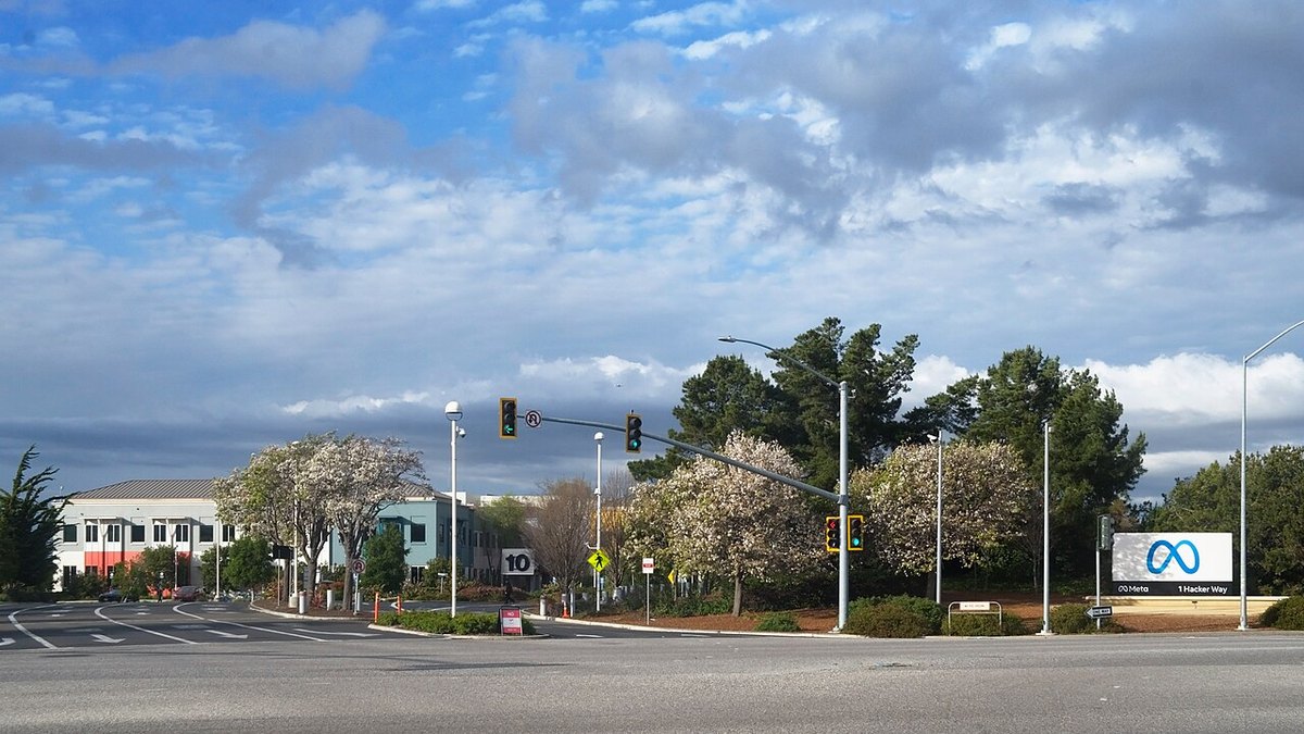 Entrance to Meta Platforms headquarters complex in Menlo Park, California